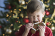 Caucasian boy in pajamas next to Christmas tree eating gingerbread cookie