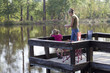 Caucasian mother fishing on pier with daughter