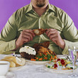 Overweight man eating fried chicken dinner