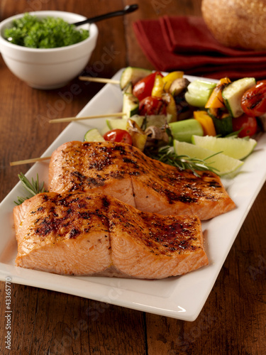 Photo: Grilled sockeye salmon with vegetable skewers Grilled sockeye salmon with vegetable skewers