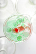 Close up of colored liquid in test tubes