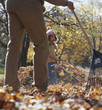 Black father and daughter raking autumn leaves
