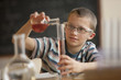 Caucasian boy doing experiment in chemistry class