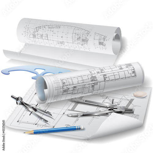 Illustration: Architectural background with rolls of drawings Architectural background with rolls of drawings