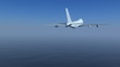 Passenger airliner flies off into a clear blue sky.