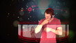 Futuristic animation with a man selecting music on screens
