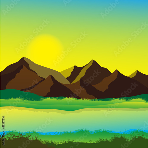 Vector: Mountain and sun, calming landscape vector image, Mountain and sun, calming landscape vector image,