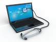 Stethoscope on black laptop, computer , 3D