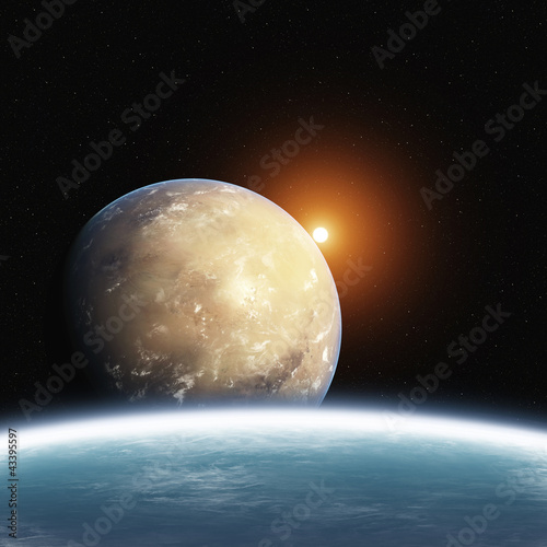Photo: Rising Desert Planet with Earth and Sun Rising Desert Planet with Earth and Sun