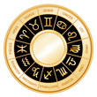 Horoscope Wheel, 12 sun signs of Zodiac, black mandala, labels