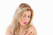 Vulnerable woman eyes downcast thoughtful look