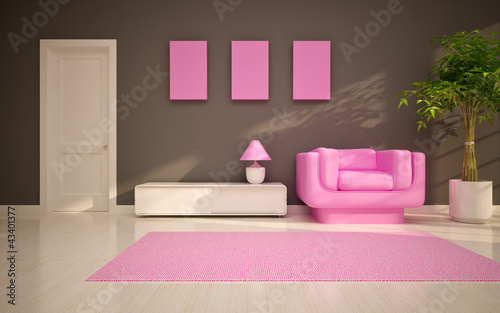 Illustration: modern living room with pink chair modern living room with pink chair