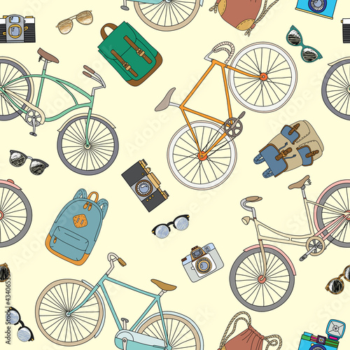 Vector: Seamless pattern with bicycles and accsessories Seamless pattern with bicycles and accsessories