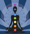 Man silhouette in yoga position with the symbols of seven chakra
