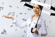 Photo: Business woman under money rain with umbrella Business woman under money rain with umbrella