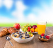 Photo: Healthy cereals breakfast with nature blur background Healthy cereals breakfast with nature blur background
