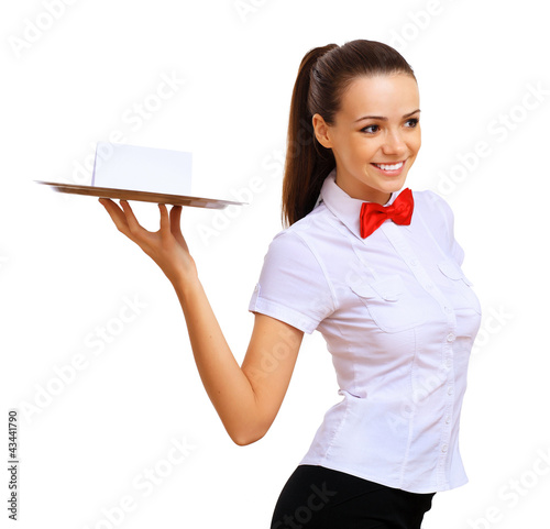 Foto: Young waitress in a white blouse Young waitress in a white blouse