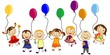Kindergruppe mit Blumen und Luftballons