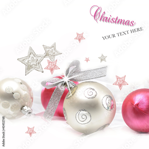 Photo: Silver and pink Christmas ball baubles with stars Silver and pink Christmas ball baubles with stars