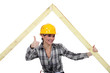 Positive female carpenter with wooden frame