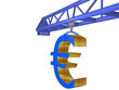eurosymbol hangs on a crane on white background