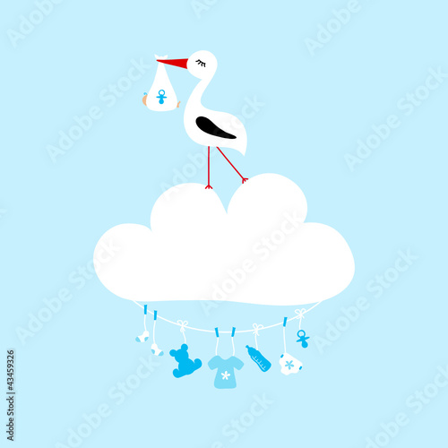 Vektor: Stork On Cloud Clothes Line Baby Symbols Boy Stork On Cloud Clothes Line Baby Symbols Boy