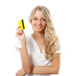 blonde woman holding yellow credit card