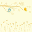 Greeting card with two birds on the floral tree