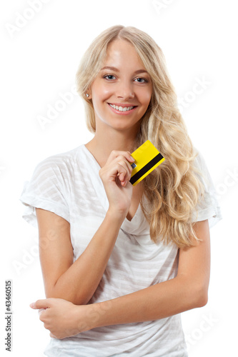Photo: blonde woman holding yellow credit card blonde woman holding yellow credit card