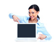 Happy business woman with laptop computer.