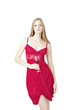 Model holding red rose wineglass