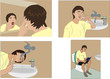 A young adult man do various monigs hygiene.