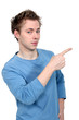 Young man pointing out the right direction