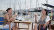 Vídeo: Happy glamour female friends relaxing in marina, steadicam shot Happy glamour female friends relaxing in marina, steadicam shot