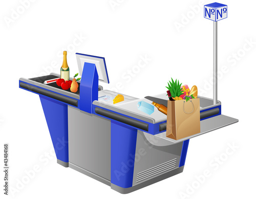 Illustration: cash register terminal and food stuffs cash register terminal and food stuffs
