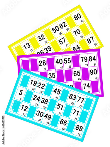 Illustration: Cartons de loto jaune, magenta et cyan en éventail Cartons de loto jaune, magenta et cyan en éventail