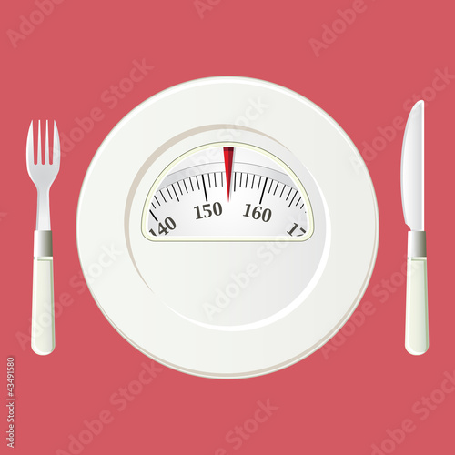 Vector: Plate with a weight balance scale. Diet concept Plate with a weight balance scale. Diet concept