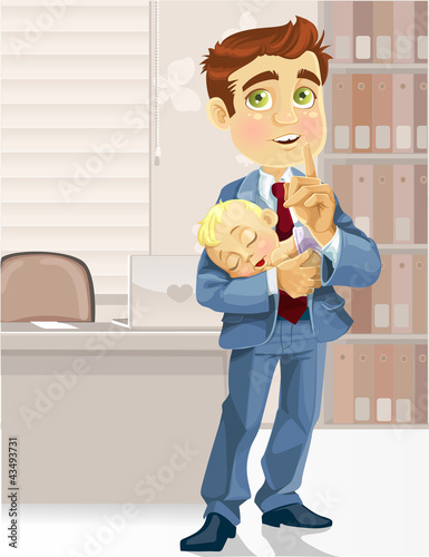 Vektor: Cute business dad with the sleeping child asked to be quiet Cute business dad with the sleeping child asked to be quiet