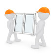 Two workers in orange hard hats have plastic window