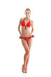 A young blond Caucasian woman posing in a red swimsuit
