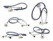 A collage of medical stetoscopes isolated on a white background