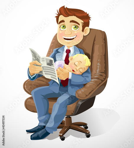 Vector: Business dad with sleep baby in an office armchair Business dad with sleep baby in an office armchair