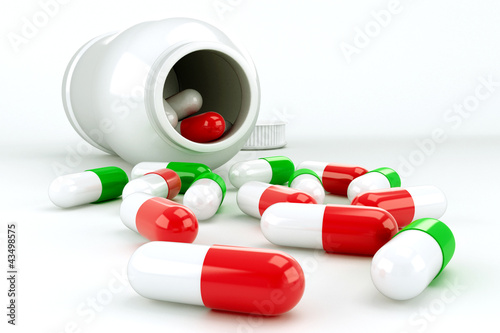Illustration: illustration of 3d image of colorful capsule in plastic bottle illustration of 3d image of colorful capsule in plastic bottle