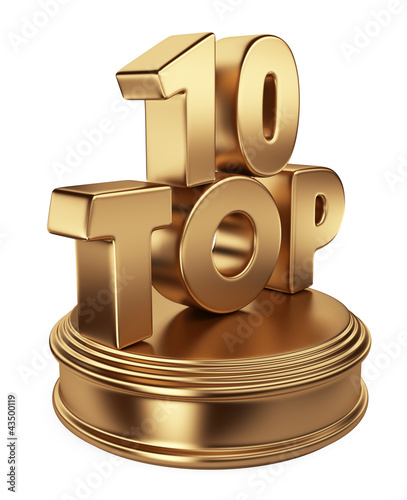 Illustration: Golden top 10 on podium. 3D icon isolated on white background Golden top 10 on podium. 3D icon isolated on white background