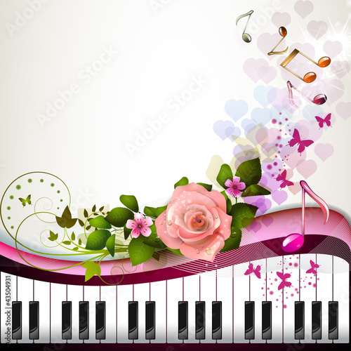 Vector: Piano keys with rose and butterflies Piano keys with rose and butterflies