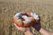 Pie in hands.