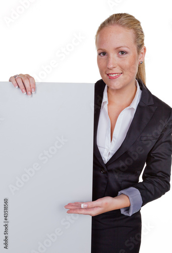 Foto: Frau in Business Kleidung mit Werbetafel Frau in Business Kleidung mit Werbetafel