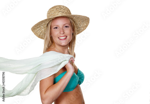 Foto : Frau mit Strohhut und Bikini, Frau mit Strohhut und Bikini,