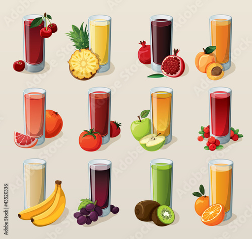 Vector: Set of tasty fresh squeezed juices. Set of tasty fresh squeezed juices.