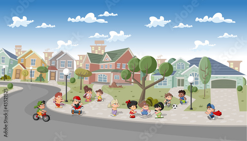 Vector: Cute happy cartoon kids playing in the street of a suburb Cute happy cartoon kids playing in the street of a suburb